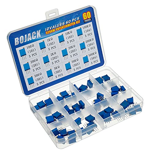 BOJACK 12 valores 60 piezas 100 a 500K ohm 3296W Kit de surtido de potenciómetro de recortador de vueltas múltiples paquete en una caja de plástico transparente
