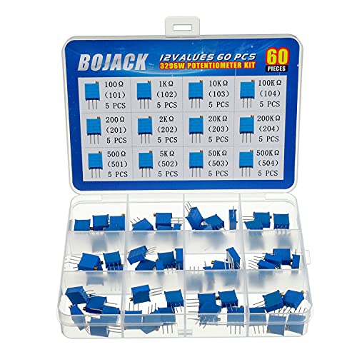 BOJACK 12 valores 60 piezas 100 a 500K ohm 3296W Kit de surtido de potenciómetro de recortador de vueltas múltiples paquete en una caja de plástico transparente