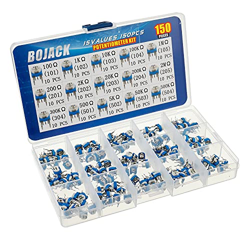 BOJACK 15 Valores 150 piezas 100 Ohm- 2M Ohm Resistencia variable Kit de surtido de Potenciómetros de 6 mm Embalado en una caja de plástico transparente