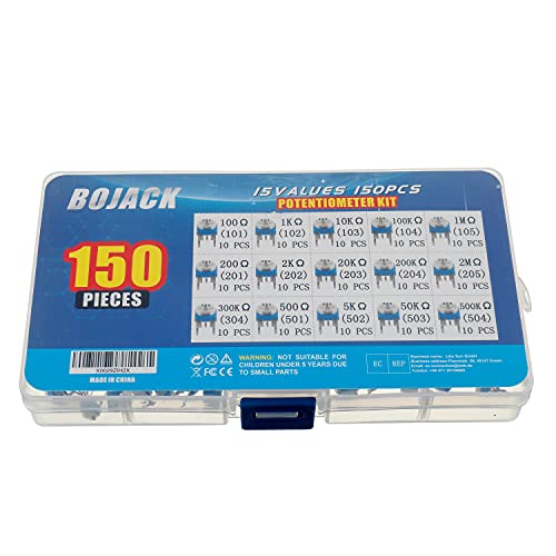 BOJACK 15 Valores 150 piezas 100 Ohm- 2M Ohm Resistencia variable Kit de surtido de Potenciómetros de 6 mm Embalado en una caja de plástico transparente