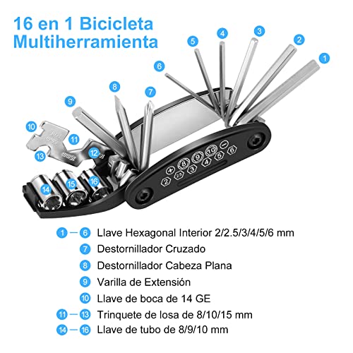 Bolsa Bicicleta Sillin con Kit Herramientas Bicicleta Multifuncional, Mini Bomba, Llave Multiusos 16 en 1, Kit Reparación Pinchazos y Neumáticos Bicicleta para MTB y Bicicletas de Carretera Montaña