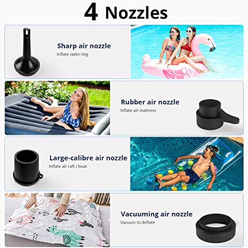 Bomba de Aire Eléctrica, Inflador Electrico Recargable USB-C, Hinchador Electrico con 4 Boquillas, 2 en 1 para Inflar Desinflar, Camping o Colchón Hinchable, Juguete, Piscina Hinchable