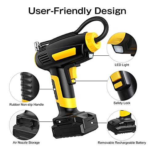 Bomba de Aire Portátil 150PSI 12V Inflador Ruedas Coche con Batería Recargable de Iones de Litio y Manómetro Digital LCD para Scooters, Motocicletas, Bicicletas, Automóviles, Pelotas