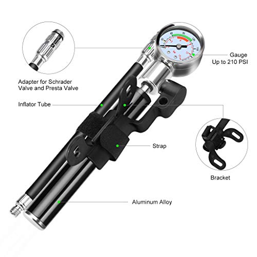 Bomba de bicicleta miniatura, minibomba de aire, manómetro de 210 PSI con cuerpo de aleación de aluminio, válvula Presta / Schrader / Dunlop para bicicleta de carretera, montaña y BMX