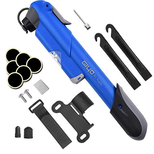 Bomba Para Bicicleta Con Manómetro, [120 PSI] Diyife Mini Bomba De Bicicleta [Set Completo Perfecto], Con Aguja, Kit De Parche, Tapas De VáLvulas Y Montura De Marco Para Presta Y Schrader  (Azul)