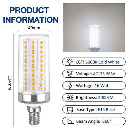 Bombilla de Maíz E14 16W LED Luz Fría 6000K, 2000 lúmenes, equivalente E14 120 W-150W Halógena, 360 grados, AC 220V, no regulable, Bombilla LED Casquillo Fino Fria para Luz Techo, pack de 5