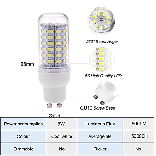 Bombilla LED GU10 8W, LED Maíz Bombilla, Equivalente a 80W Halógeno Bombillas, Alto Brillo 800LM, CRI 82, AC 220V-240V, No Regulable, 5 Unidades,Cool White