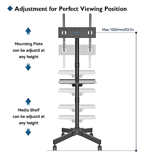 BONTEC Soporte TV Ruedas Soporte TV Móvil para Televisor de Plasma/LCD/LED de 23 a 55 Pulgadas, Soporte TV con Estante para Portátil, Altura Ajustable con Ruedas de hasta 25 kg, Máx. VESA 400 x 400 mm