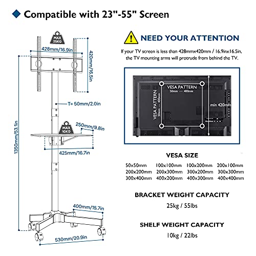 BONTEC Soporte TV Ruedas Soporte TV Móvil para Televisor de Plasma/LCD/LED de 23 a 55 Pulgadas, Soporte TV con Estante para Portátil, Altura Ajustable con Ruedas de hasta 25 kg, Máx. VESA 400 x 400 mm