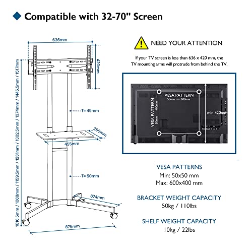 BONTEC Soporte TV Ruedas Soporte TV Suelo para Pantallas de 32"-70" Plasma/LCD/LED, Soporte TV Pie con Bandeja, Trolley de exhibición para exhibición en el hogar con Ruedas giratorias