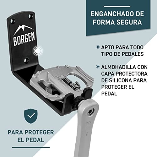 Borgen Gancho bicicleta pared para colgar por el pedal bicis eléctricas, bicicletas de carretera, MTB, gancho de pared con marco de apoyo y almohadillas de protección de pared