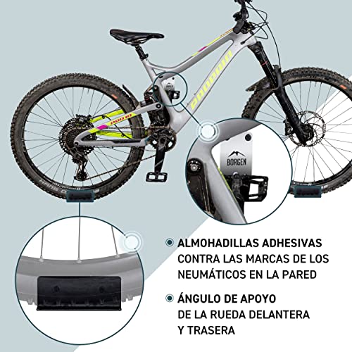 Borgen Soporte de pared para bicicleta | Soporte de pedal para bicicletas eléctricas, MTB, de carreras con 2 ángulos de apoyo y almohadillas protectoras de pared | Incluye material de montaje