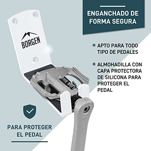 Borgen Soporte de pared para bicicleta | Soporte de pedal para bicicletas eléctricas, MTB, de carreras con 2 ángulos de apoyo y almohadillas protectoras de pared | Incluye material de montaje