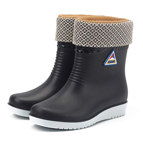 Botas de Agua Acolchadas para Mujer Botas de Lluvia Media Botas de Invierno Botas Cálidas Botas de Trabajo Cómodas Botas Antideslizantes Botines de Goma Impermeables Yvelands(Negro,37)