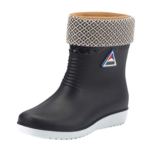 Botas de Agua Acolchadas para Mujer Botas de Lluvia Media Botas de Invierno Botas Cálidas Botas de Trabajo Cómodas Botas Antideslizantes Botines de Goma Impermeables Yvelands(Negro,37)