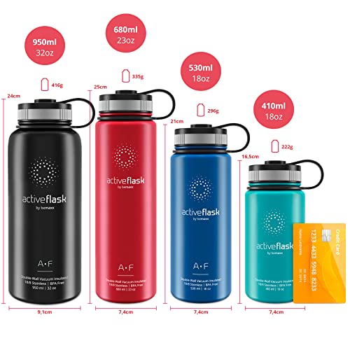 Botella de Agua Térmica Active Flask + Pajita (3 Tapones) sin BPA - 1l & 500ml | Frasco Termo de Acero Inoxidable + Aislamiento Vacío | Cantimplora Aislada Bicicleta Deporte Caliente Fría Café Té