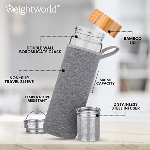 Botella Termo para Infusiones de Té con Filtro de Agua | 500ml de Té | Doble Capa de Vidrio con Tapa de Bambú | Diseño Hermético Portátil Sin BPA | Para su dieta Detox Adelgazante | WeightWorld