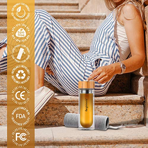 Botella Termo para Infusiones de Té con Filtro de Agua | 500ml de Té | Doble Capa de Vidrio con Tapa de Bambú | Diseño Hermético Portátil Sin BPA | Para su dieta Detox Adelgazante | WeightWorld