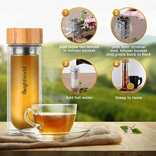 Botella Termo para Infusiones de Té con Filtro de Agua | 500ml de Té | Doble Capa de Vidrio con Tapa de Bambú | Diseño Hermético Portátil Sin BPA | Para su dieta Detox Adelgazante | WeightWorld