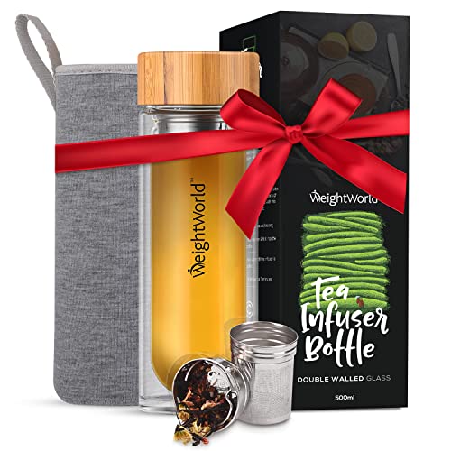 Botella Termo para Infusiones de Té con Filtro de Agua | 500ml de Té | Doble Capa de Vidrio con Tapa de Bambú | Diseño Hermético Portátil Sin BPA | Para su dieta Detox Adelgazante | WeightWorld