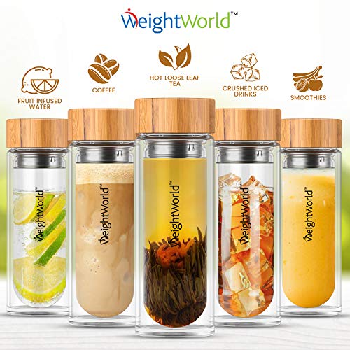 Botella Termo para Infusiones de Té con Filtro de Agua | 500ml de Té | Doble Capa de Vidrio con Tapa de Bambú | Diseño Hermético Portátil Sin BPA | Para su dieta Detox Adelgazante | WeightWorld