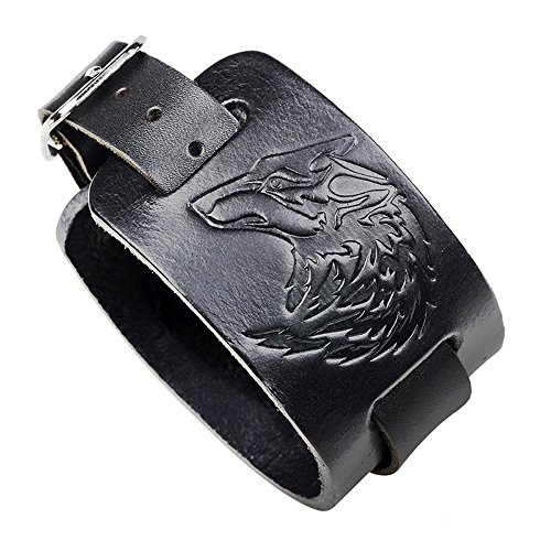 Brazalete de cuero negro Pulsera de cabeza de lobo Brazalete de pulsera de brazalete ancho de punk estilo punk para hombres y mujeres