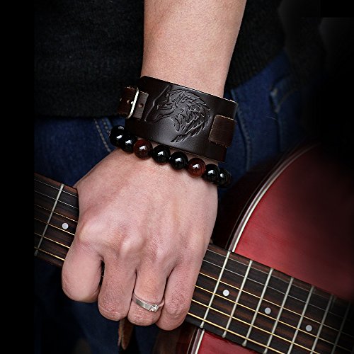 Brazalete de cuero negro Pulsera de cabeza de lobo Brazalete de pulsera de brazalete ancho de punk estilo punk para hombres y mujeres