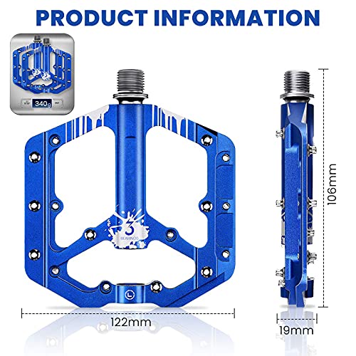 BRGOOD Pedales para Bicicleta de montaña,de montaña con Plataforma de aleación de Aluminio Ultraligera y 3 rodamientos sellados,Pedales Antideslizantes para Trekking con de Eje de 9/16 Pulgadas(Azul)