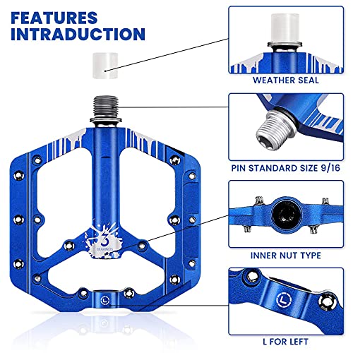 BRGOOD Pedales para Bicicleta de montaña,de montaña con Plataforma de aleación de Aluminio Ultraligera y 3 rodamientos sellados,Pedales Antideslizantes para Trekking con de Eje de 9/16 Pulgadas(Azul)