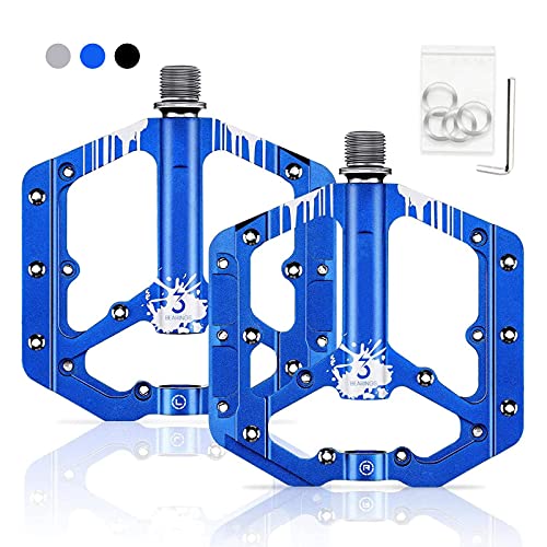 BRGOOD Pedales para Bicicleta de montaña,de montaña con Plataforma de aleación de Aluminio Ultraligera y 3 rodamientos sellados,Pedales Antideslizantes para Trekking con de Eje de 9/16 Pulgadas(Azul)