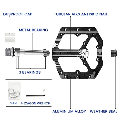 BRGOOD Pedales para bicicleta de montaña,de montaña con plataforma de aleación de aluminio ultraligera y 3 rodamientos sellados,pedales antideslizantes para trekking con de eje de 9/16 pulgadas(negro)