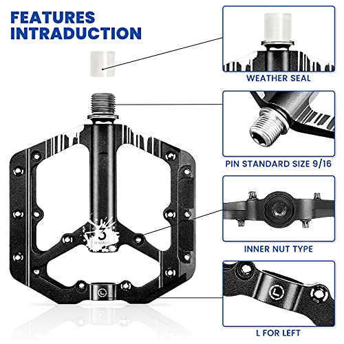 BRGOOD Pedales para bicicleta de montaña,de montaña con plataforma de aleación de aluminio ultraligera y 3 rodamientos sellados,pedales antideslizantes para trekking con de eje de 9/16 pulgadas(negro)