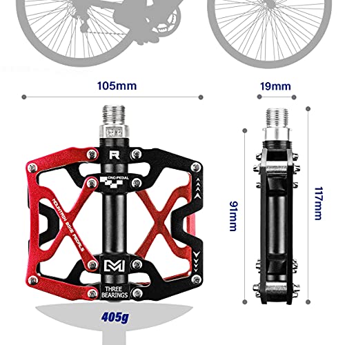 BRGOOD Pedales, Pedales de Bici CNC Aleación de Aluminio Rodamiento Sellado y Pedal Antideslizante para Bicicletas de Montaña 、 Bicicletas de Ciudad y Bicicletas de Carretera (Rojo)