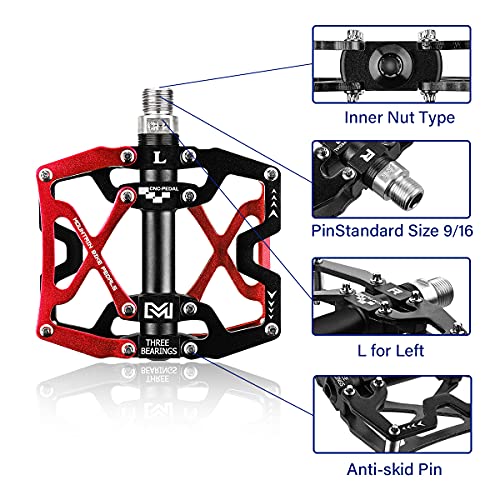 BRGOOD Pedales, Pedales de Bici CNC Aleación de Aluminio Rodamiento Sellado y Pedal Antideslizante para Bicicletas de Montaña 、 Bicicletas de Ciudad y Bicicletas de Carretera (Rojo)