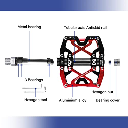 BRGOOD Pedales, Pedales de Bici CNC Aleación de Aluminio Rodamiento Sellado y Pedal Antideslizante para Bicicletas de Montaña 、 Bicicletas de Ciudad y Bicicletas de Carretera (Rojo)