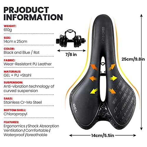 BRGOOD Sillín de Bici de Gel,Sillin Bicicleta Montaña,Cómodo Asiento Ergonómico de Bici de Gel Impermeable y Transpirable para BMX,Bicicleta de Carretera,Bicicleta de Montaña,MTB (Negro)