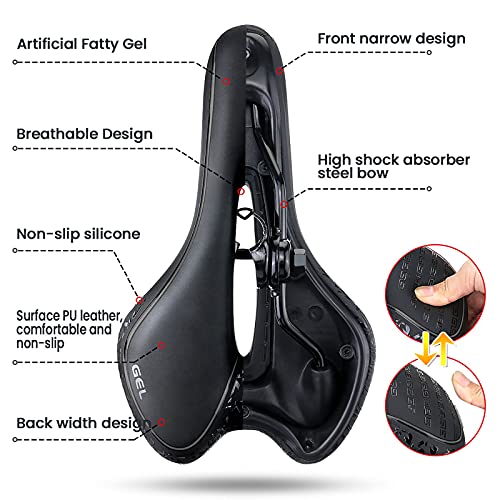 BRGOOD Sillín de Bici de Gel,Sillin Bicicleta Montaña,Cómodo Asiento Ergonómico de Bici de Gel Impermeable y Transpirable para BMX,Bicicleta de Carretera,Bicicleta de Montaña,MTB (Negro)