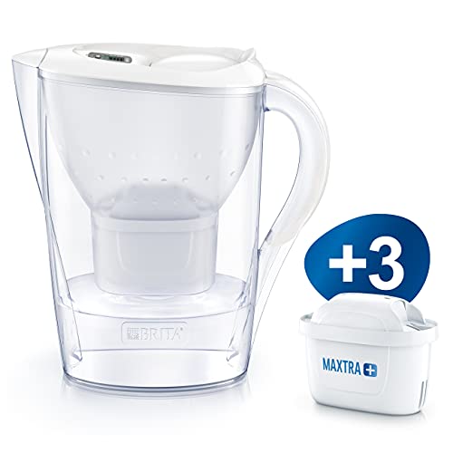 BRITA Marella blanca Pack Ahorro – Jarra de Agua Filtrada con 3 cartuchos MAXTRA+, Filtro de agua BRITA que reduce la cal y el cloro, Agua filtrada para un sabor óptimo, 2.4L