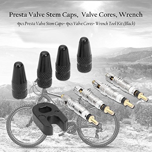 Broadroot 4pcs Presta Válvula Vástago Tapas + 4pcs Válvula Núcleos + Llave de Bicicleta Kit (Negro)