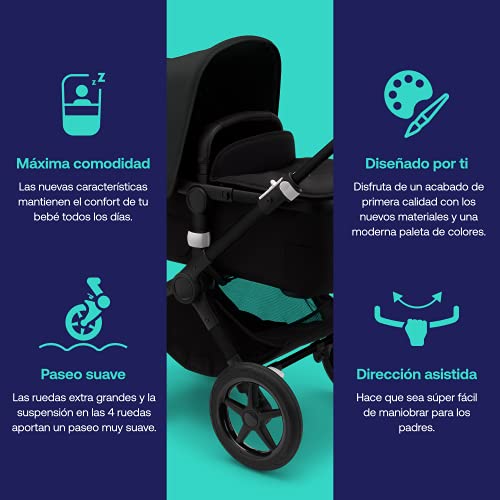 Bugaboo Fox 3, nuestro sistema de viaje 2-en-1 más cómodo: carrito todoterreno, capazo con ventilación avanzada, chasis negro, capazo y capota Midnight Black