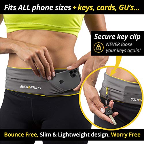 Build & Fitness Cinturón Hombre / Mujer para Correr, Riñonera Running Reversible, Clip Llavero, Riñonera Deportiva Apta para iPhone, Samsung