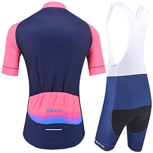 BXIO Ropa Ciclismo para Hombre, Maillot de Ciclismo Transpirable con Tira Reflectante y Culotte con Tirantes de Ciclismo Acolchado de Gel para El Verano, Rosa-Azul (209, Culotte con Tirantes), XS