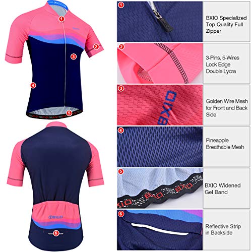 BXIO Ropa Ciclismo para Hombre, Maillot de Ciclismo Transpirable con Tira Reflectante y Culotte con Tirantes de Ciclismo Acolchado de Gel para El Verano, Rosa-Azul (209, Culotte con Tirantes), XS