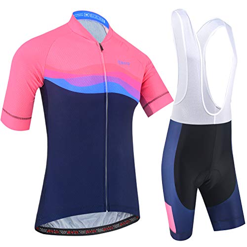 BXIO Ropa Ciclismo para Hombre, Maillot de Ciclismo Transpirable con Tira Reflectante y Culotte con Tirantes de Ciclismo Acolchado de Gel para El Verano, Rosa-Azul (209, Culotte con Tirantes), S