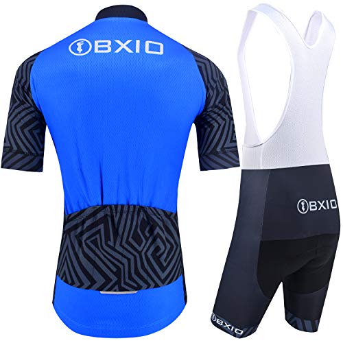 BXIO Ropa Ciclismo Verano Manga Corta, Maillot Ciclismo Hombre con Tira Reflectante y Culotte con Tirantes Acolchado Gel, Azul (207, Culotte con Tirantes), 3XL