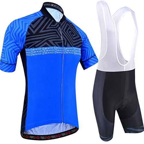 BXIO Ropa Ciclismo Verano Manga Corta, Maillot Ciclismo Hombre con Tira Reflectante y Culotte con Tirantes Acolchado Gel, Azul (207, Culotte con Tirantes), 3XL