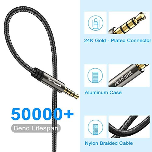 Cable Audio Auxiliar, Tesrank Cable Jack 3.5mm Macho Macho Cable Aux Estéreo Jack Conector Alargador Cable para Móviles,Auriculares Diadema,Altavoces,Coche,MP3,Ordenador,Microfóno(2 Metro,4 Pines)