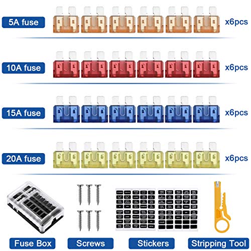 Caja Fusibles 12V, 12 Vías Caja de Fusibles Coche Portafusibles con Lámpara de Alerta LED Kit Bloque de Fusibles Plano ATC/ATO con Bus Negativo para Coche, Barco, Marino, Triciclo, Furgoneta, SUV