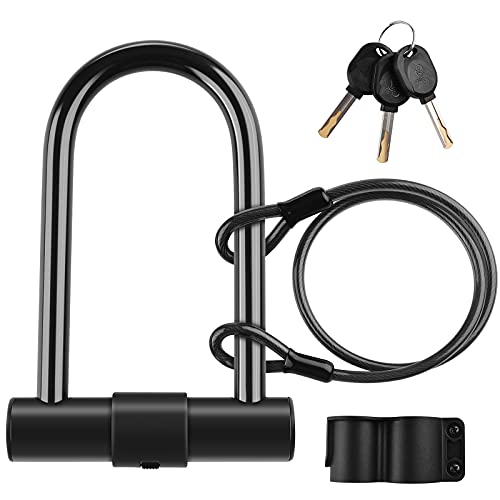 Candado en U para Bicicleta, Diyife Candado en U Bicicleta, Candado en D de Grillete Resistente con 3 llaves, Cable de Acero Flexible de 1,2 m y Soporte de Montaje para Bicicleta, Motocicleta