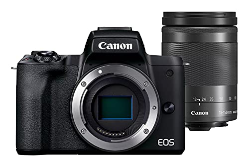 Canon EOS M50 Mark II + lente EF-M 18-150 mm F3.5-6.3 IS STM (24.1 MP, pantalla táctil LCD de 7.5 cm, WLAN, HDMI, Bluetooth, sistema de AF CMOS de doble píxel, AF de ojo, video 4K, EVF OLED ), negro